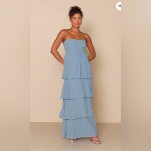 Lulus Seriously Sensational Light Blue Strapless Tiered Maxi Dress Size Small
